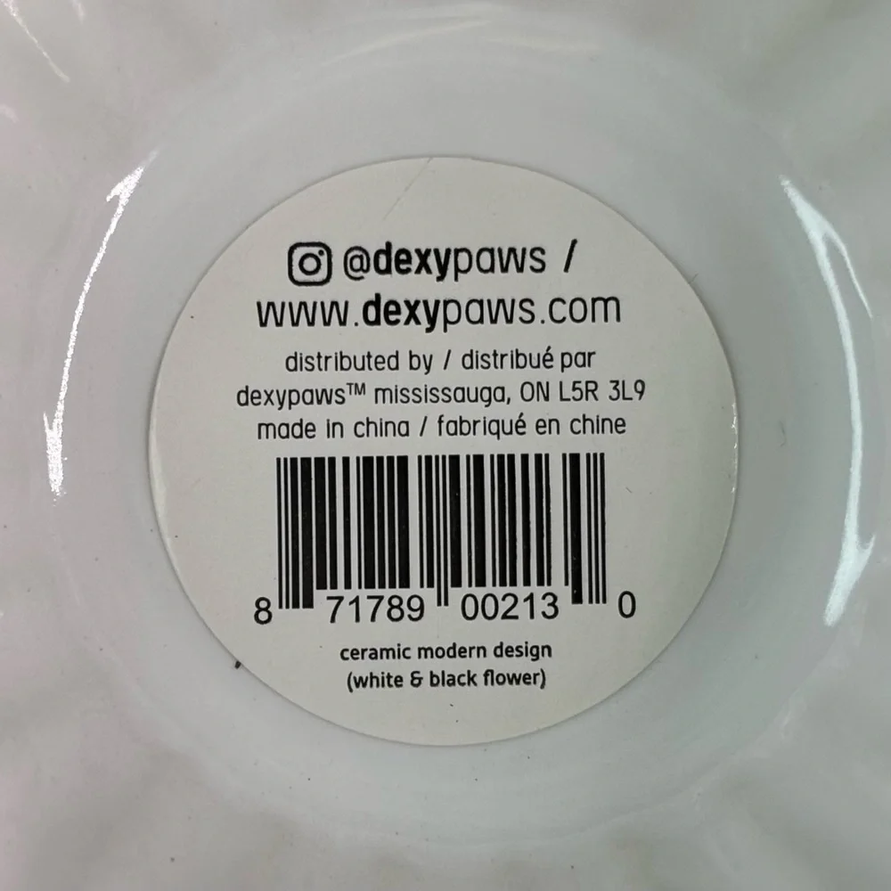 Dexypaws: Elevated Ceramic Bowl For Cats - White & Black Flower 8.45oz Capacity